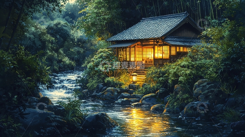 高清大图下载【趣麦麦图】日式房屋掩映在绿树中