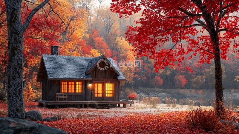 高清大图下载【趣麦麦图】秋季森林小屋