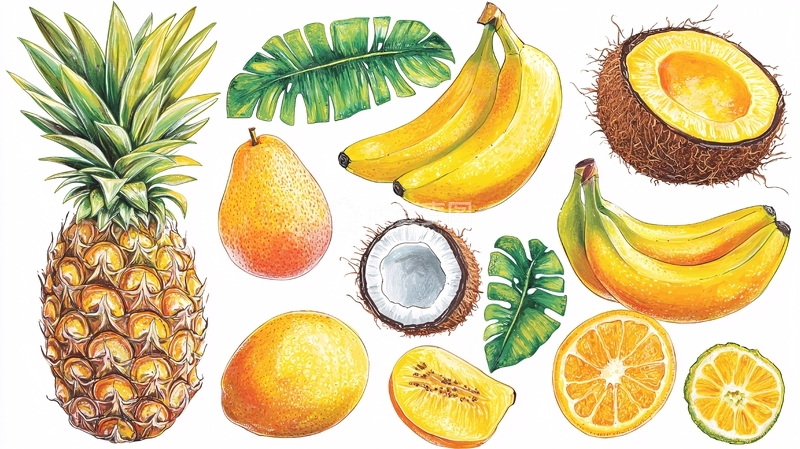 高清大图下载【趣麦麦图】热带水果手绘插画