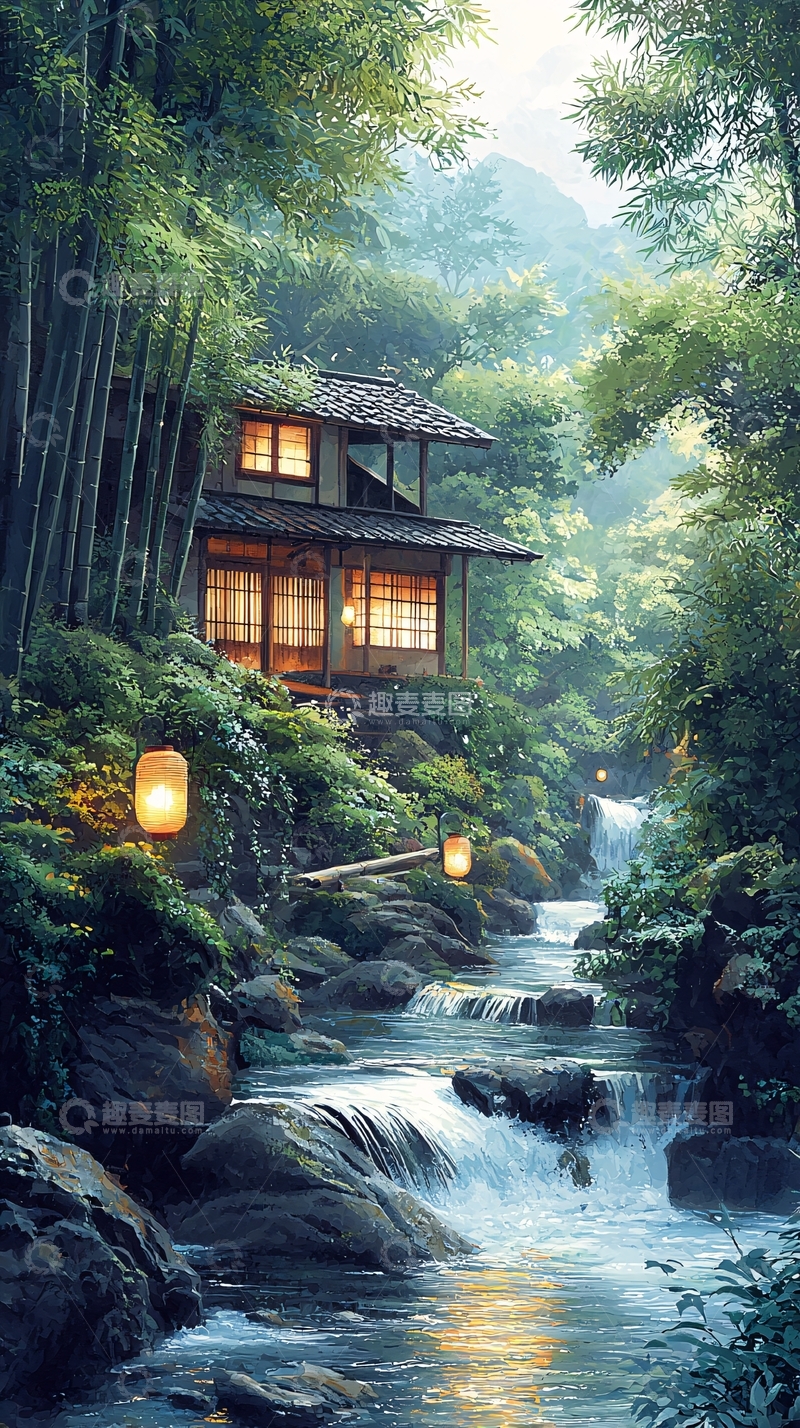 高清大图下载【趣麦麦图】森林小屋流水灯笼