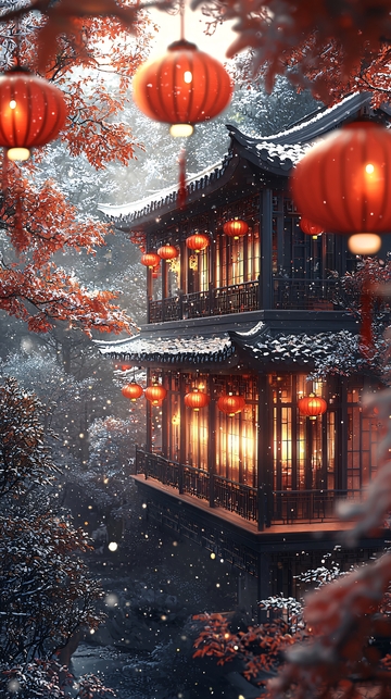 红灯笼下的中国古典建筑