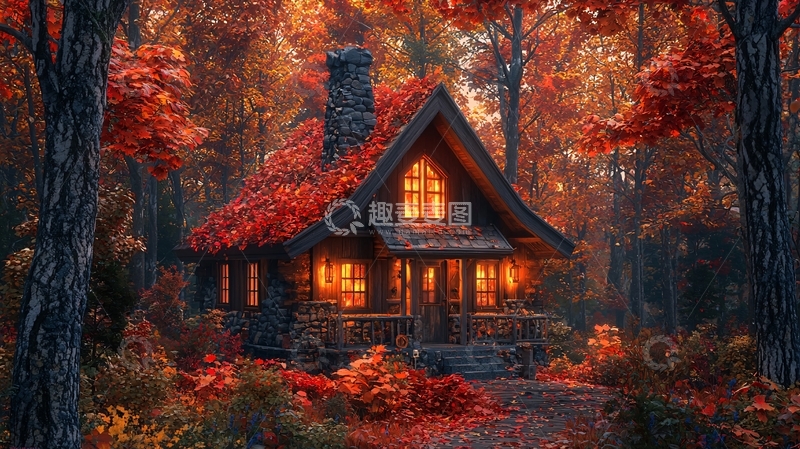高清大图下载【趣麦麦图】秋日森林小屋