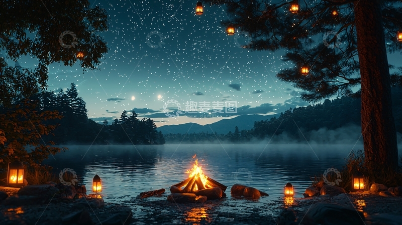 高清大图下载【趣麦麦图】星空下的湖边篝火夜景