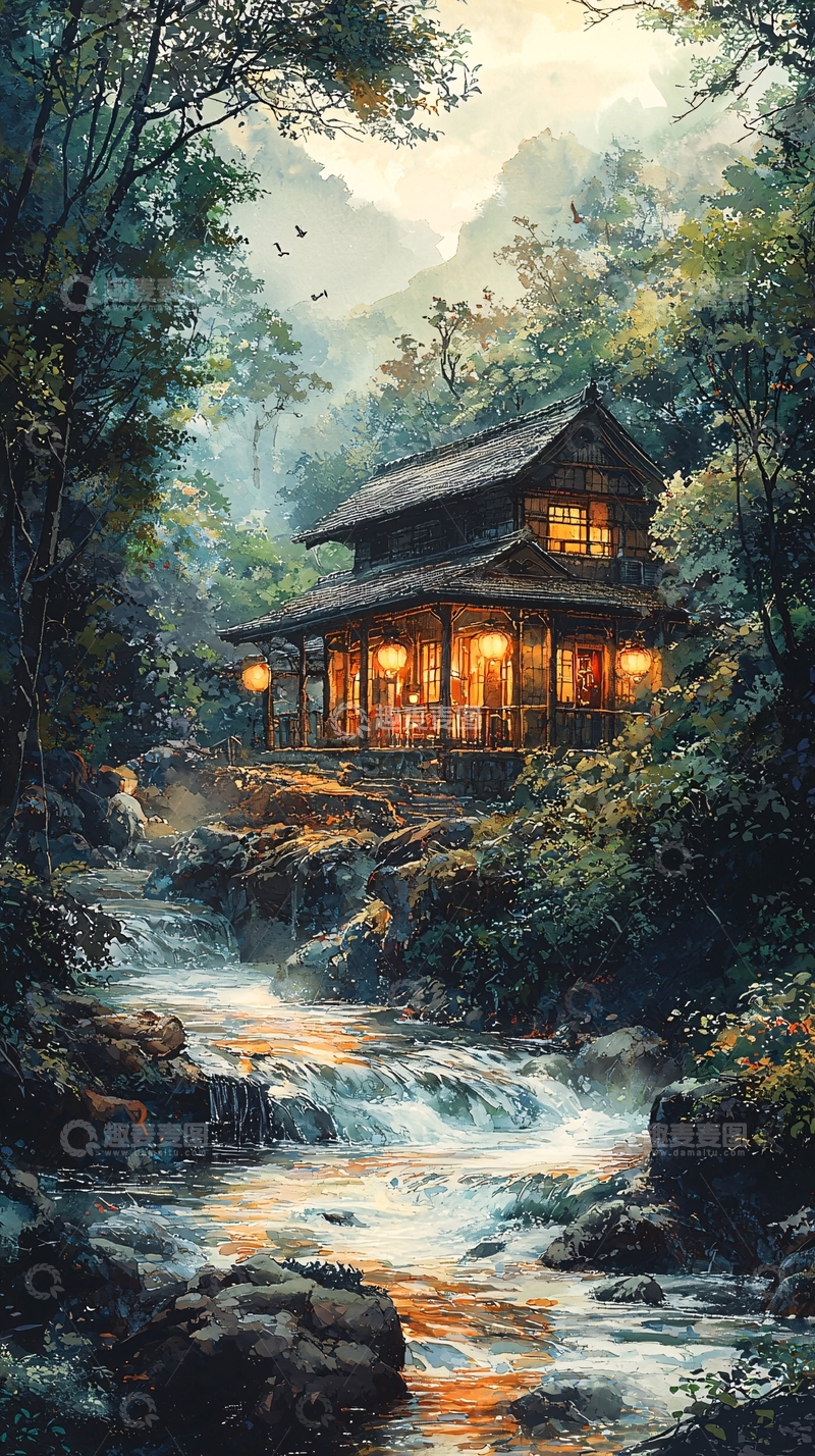高清大图下载【趣麦麦图】山间小屋与溪流