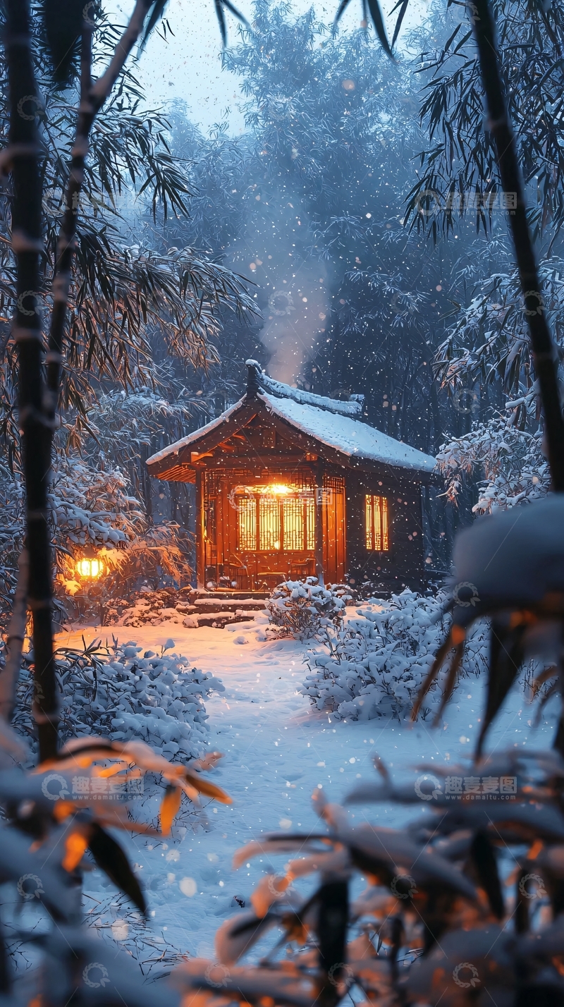 高清大图下载【趣麦麦图】雪夜林间小屋