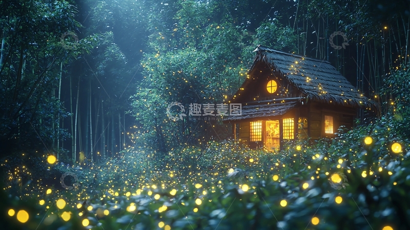 高清大图下载【趣麦麦图】森林小屋与萤火虫的梦幻场景