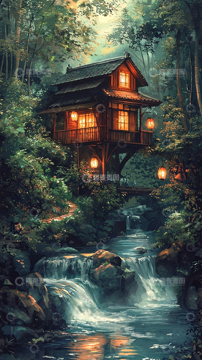 高清大图下载【趣麦麦图】森林小屋与瀑布美景