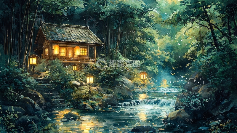 高清大图下载【趣麦麦图】林中小屋夜景