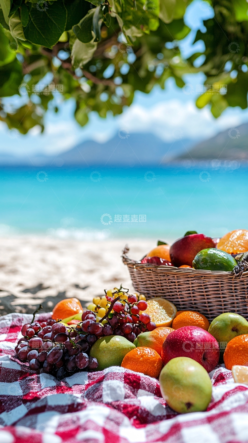 高清大图下载【趣麦麦图】海滩野餐水果篮