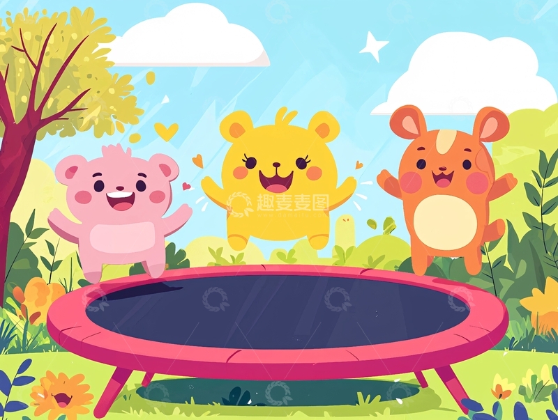 高清大图下载【趣麦麦图】卡通小熊在蹦床上跳跃