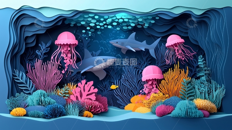高清大图下载【趣麦麦图】水下世界剪纸风格