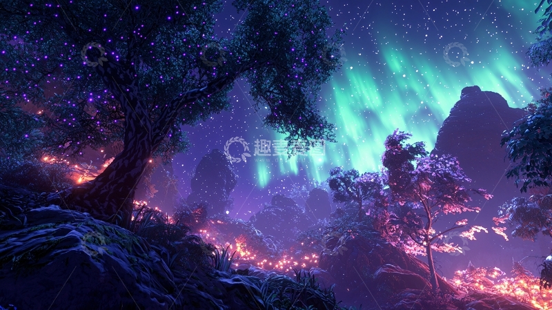 高清大图下载【趣麦麦图】极光森林梦幻夜景