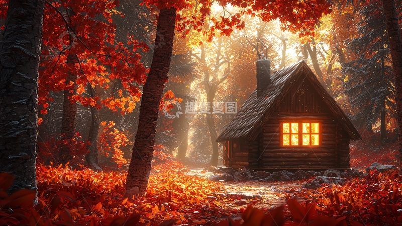 高清大图下载【趣麦麦图】林间小屋秋色