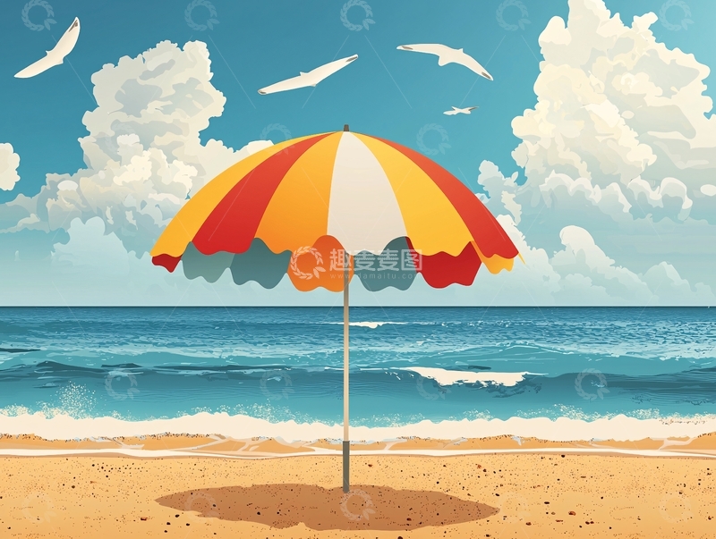 高清大图下载【趣麦麦图】海滩遮阳伞与蓝色大海