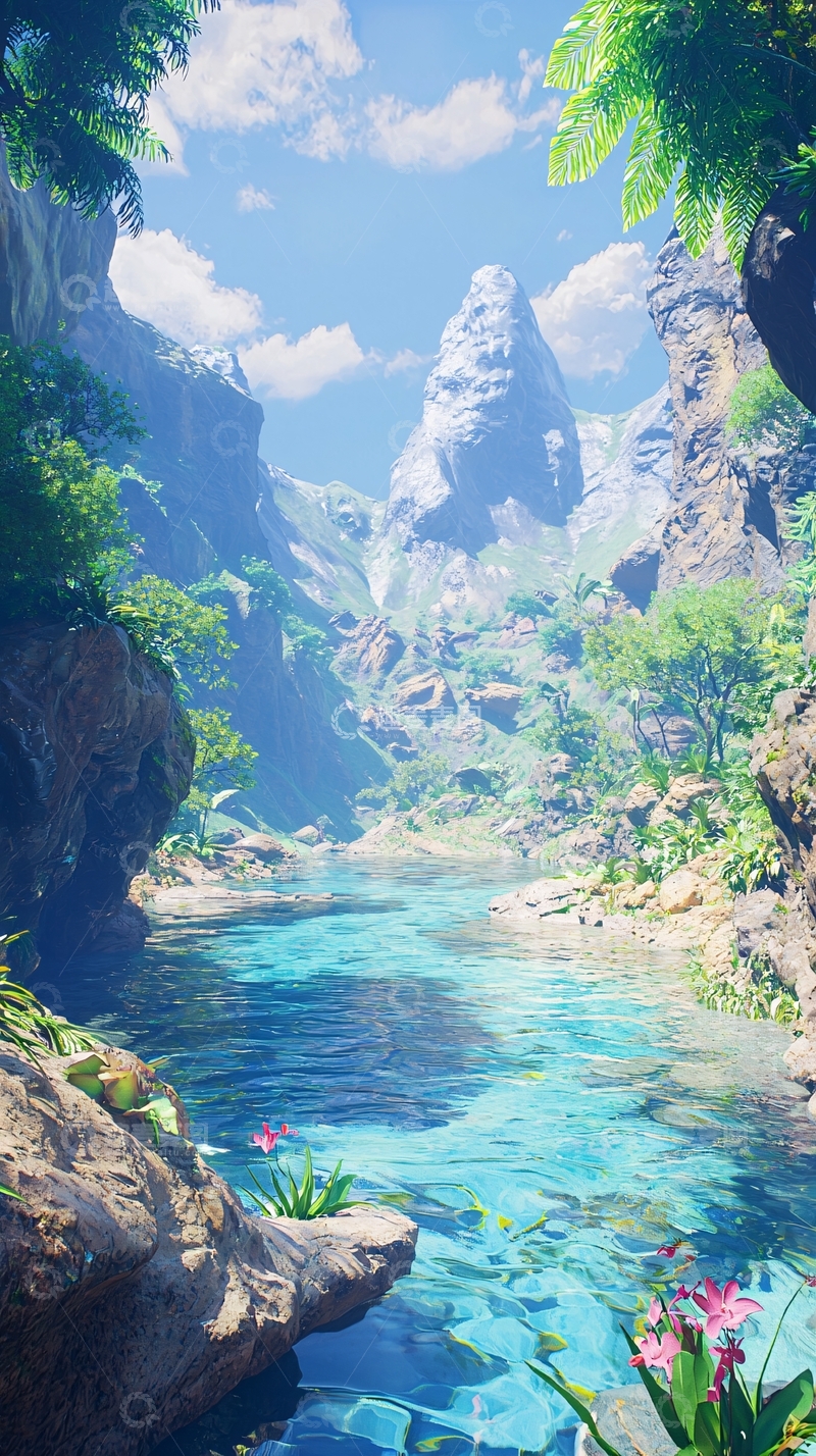 高清大图下载【趣麦麦图】山谷溪流阳光明媚