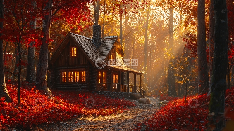 高清大图下载【趣麦麦图】秋日森林小屋