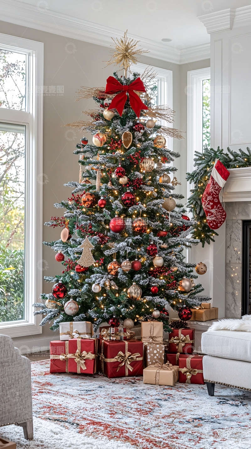 高清大图下载【趣麦麦图】红金色圣诞树装饰