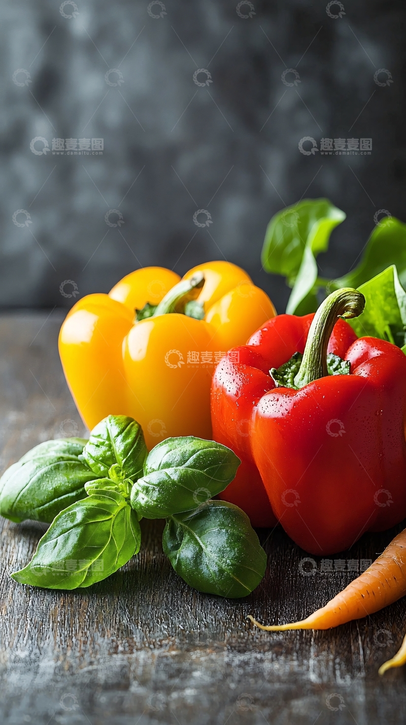 高清大图下载【趣麦麦图】红黄彩椒与罗勒和胡萝卜