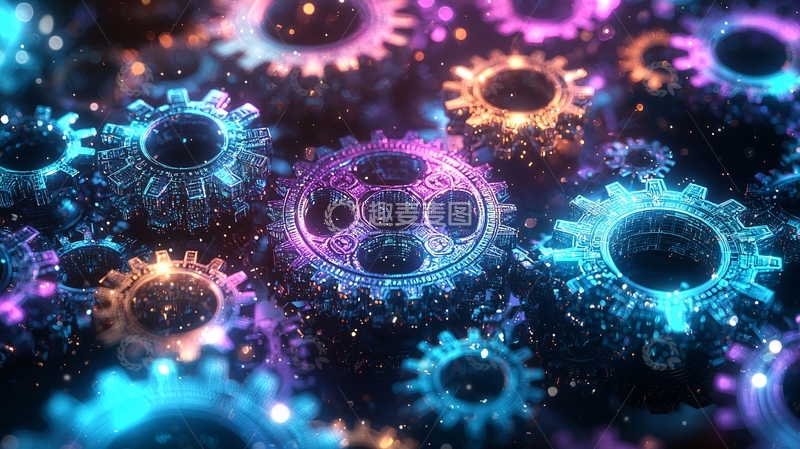 高清大图下载【趣麦麦图】彩色发光齿轮组成的机械背景