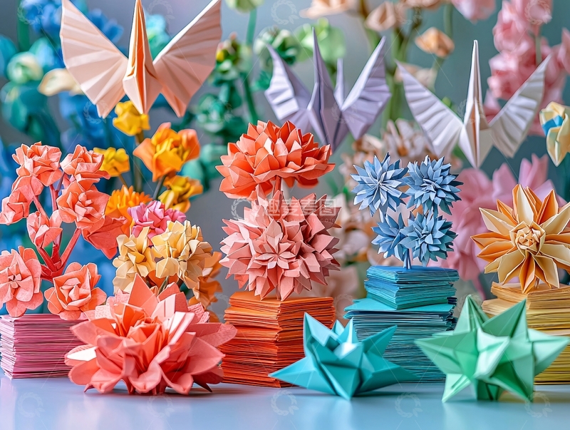高清大图下载【趣麦麦图】彩色纸艺折纸花卉和千纸鹤