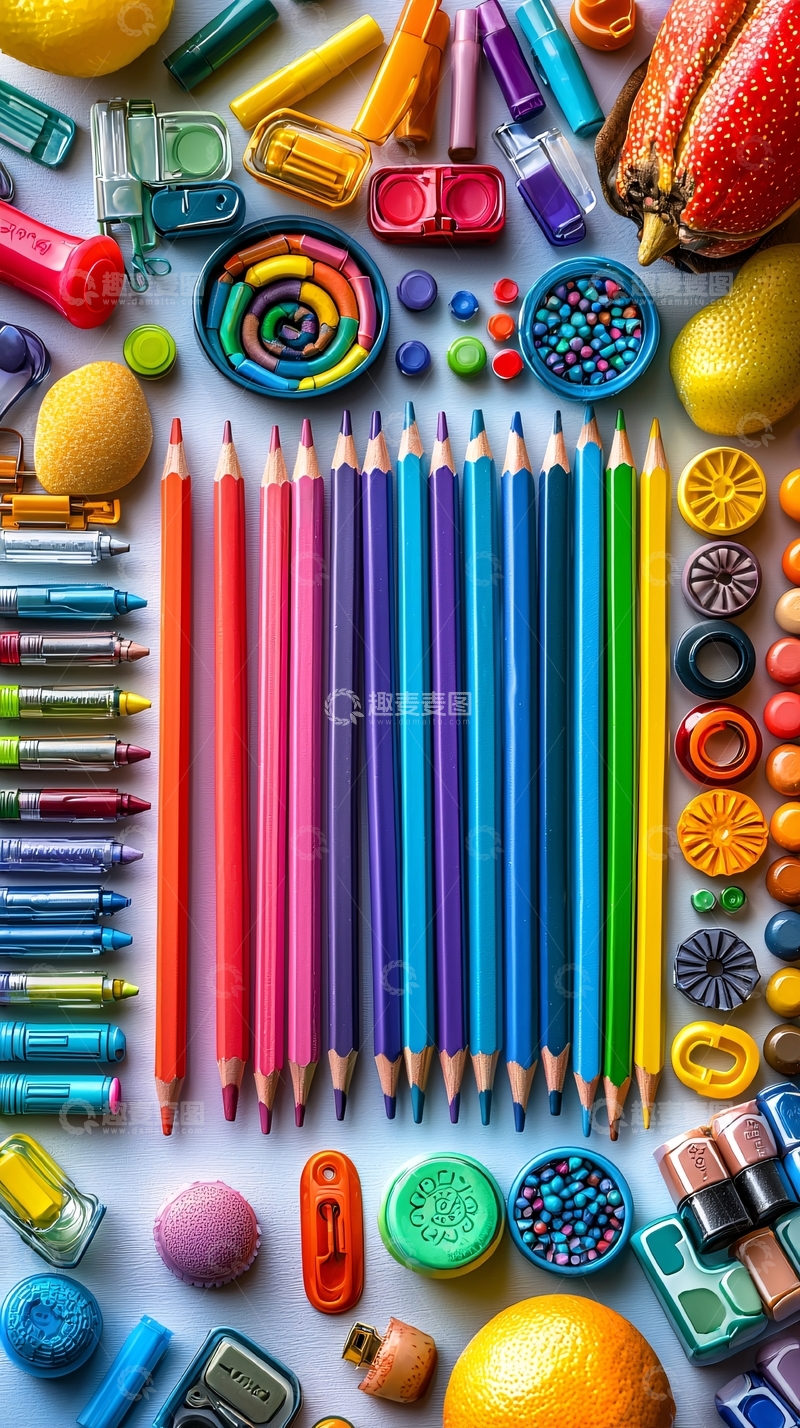 高清大图下载【趣麦麦图】彩色文具和水果的创意组合