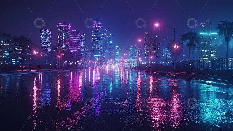 高清大图下载【趣麦麦图】夜晚霓虹灯雨中城市