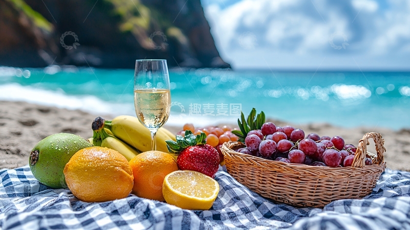 高清大图下载【趣麦麦图】海滩上的水果野餐