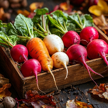 木盒里新鲜的萝卜和胡萝卜