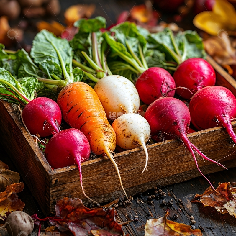 高清大图下载【趣麦麦图】木盒里新鲜的萝卜和胡萝卜