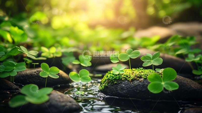 高清大图下载【趣麦麦图】森林溪流边三叶草