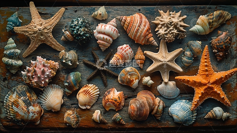 高清大图下载【趣麦麦图】海星贝壳在木板上
