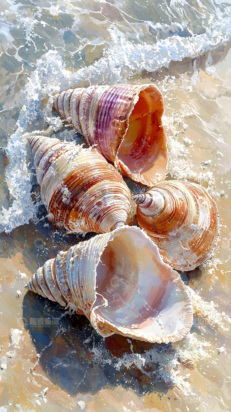 高清大图下载【趣麦麦图】海滩上被海浪打湿的贝壳