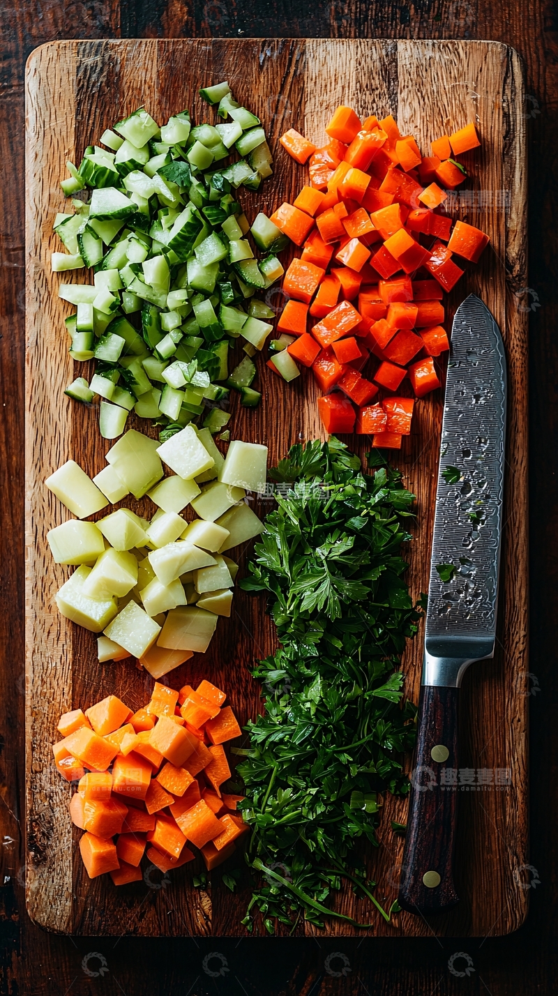 高清大图下载【趣麦麦图】蔬菜丁摆放在砧板上的特写