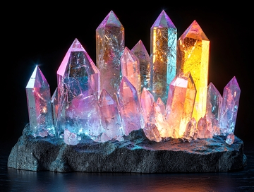 彩色晶簇在黑色背景中