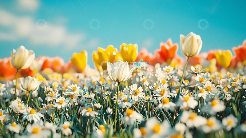 高清大图下载【趣麦麦图】阳光下郁金香和雏菊花田
