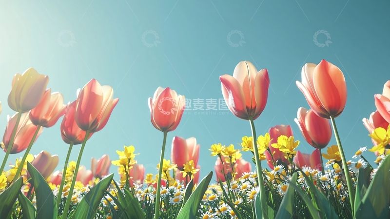 高清大图下载【趣麦麦图】郁金香花田蓝天白云