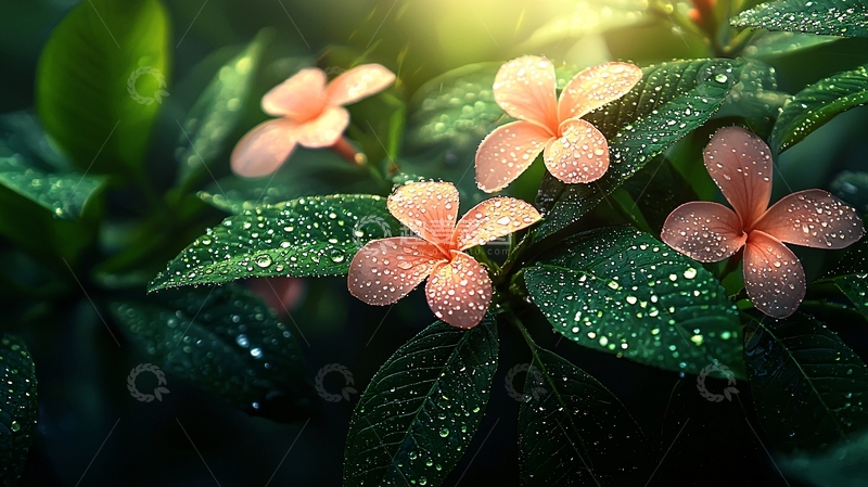 高清大图下载【趣麦麦图】粉色花朵绿叶水珠特写