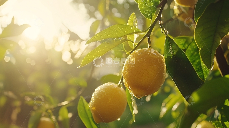 高清大图下载【趣麦麦图】阳光下枝头成熟柠檬