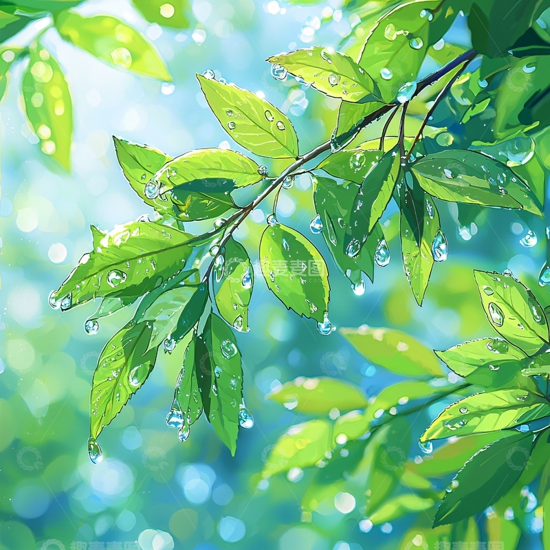 高清大图下载【趣麦麦图】清新叶片上的水珠光影