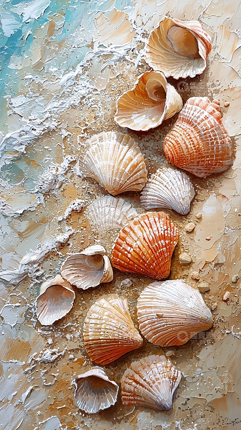 高清大图下载【趣麦麦图】海滩上的贝壳油画特写