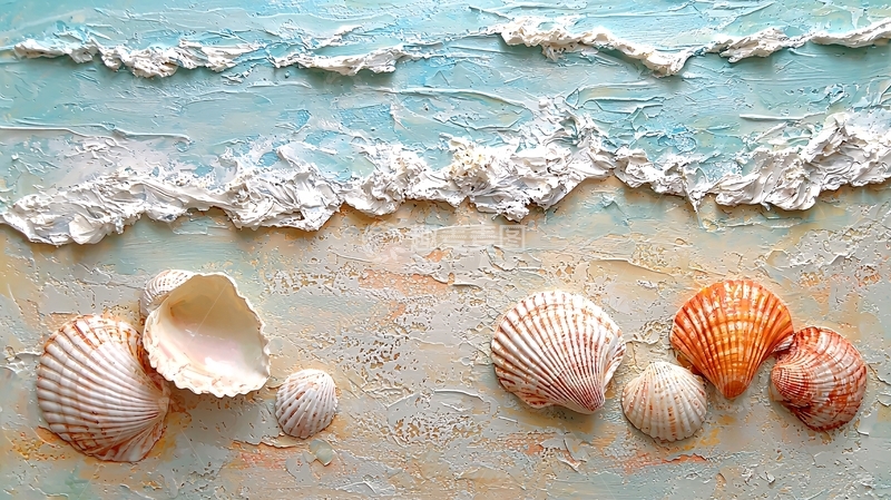 高清大图下载【趣麦麦图】海滩上的贝壳与海浪
