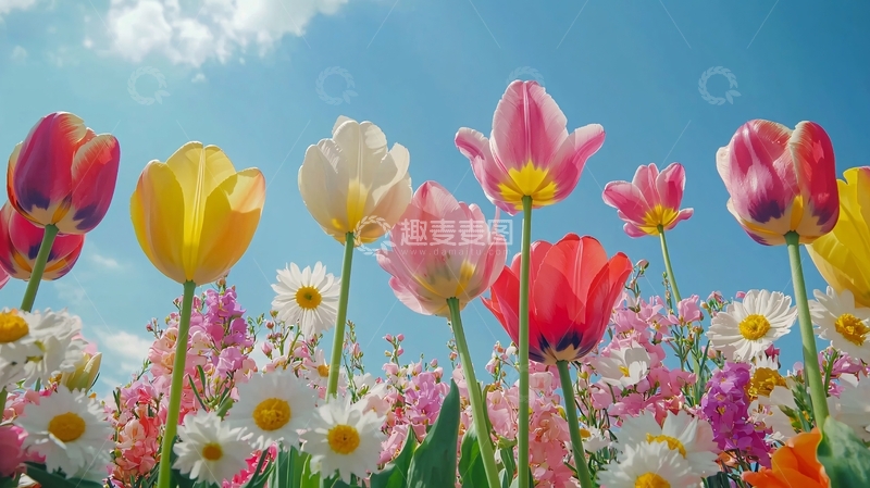 高清大图下载【趣麦麦图】阳光下盛开的郁金香和雏菊