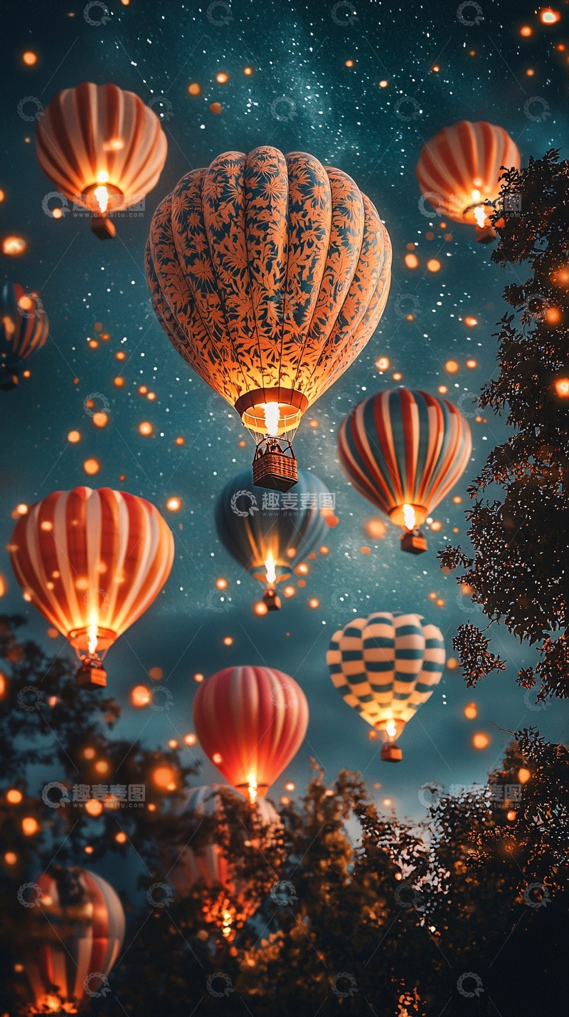 高清大图下载【趣麦麦图】夜空热气球梦幻场景
