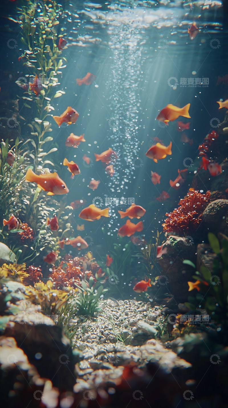 高清大图下载【趣麦麦图】阳光透过水面照射鱼群