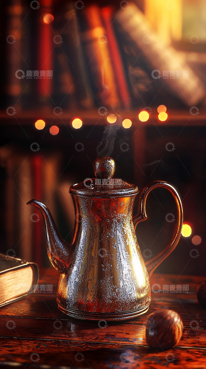 高清大图下载【趣麦麦图】温暖书房里的金属茶壶