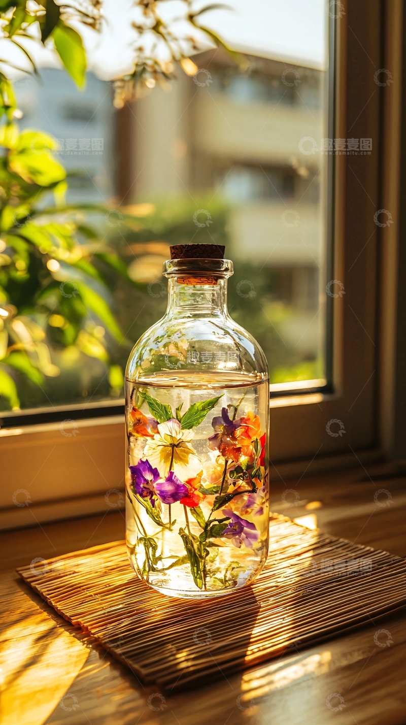 高清大图下载【趣麦麦图】窗边玻璃瓶鲜花