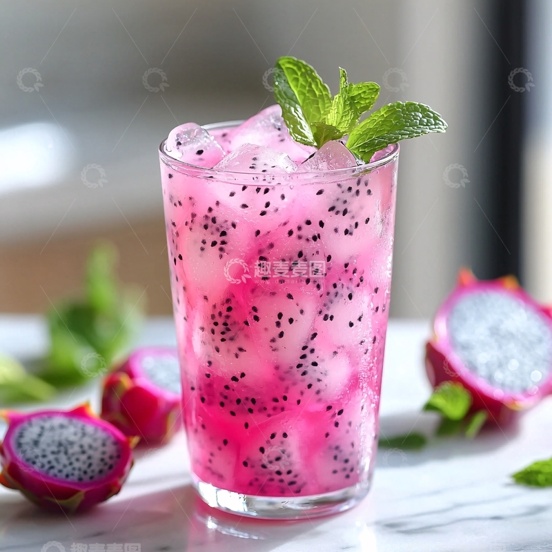 高清大图下载【趣麦麦图】粉色火龙果饮品与薄荷