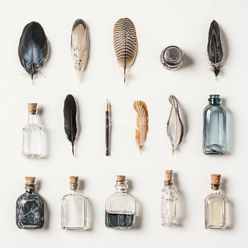 高清大图下载【趣麦麦图】极简风格鸟类羽毛与瓶子