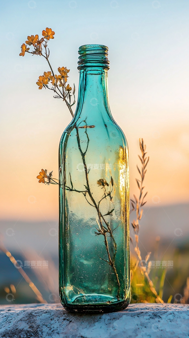 高清大图下载【趣麦麦图】-绿瓶子里的枯萎花朵