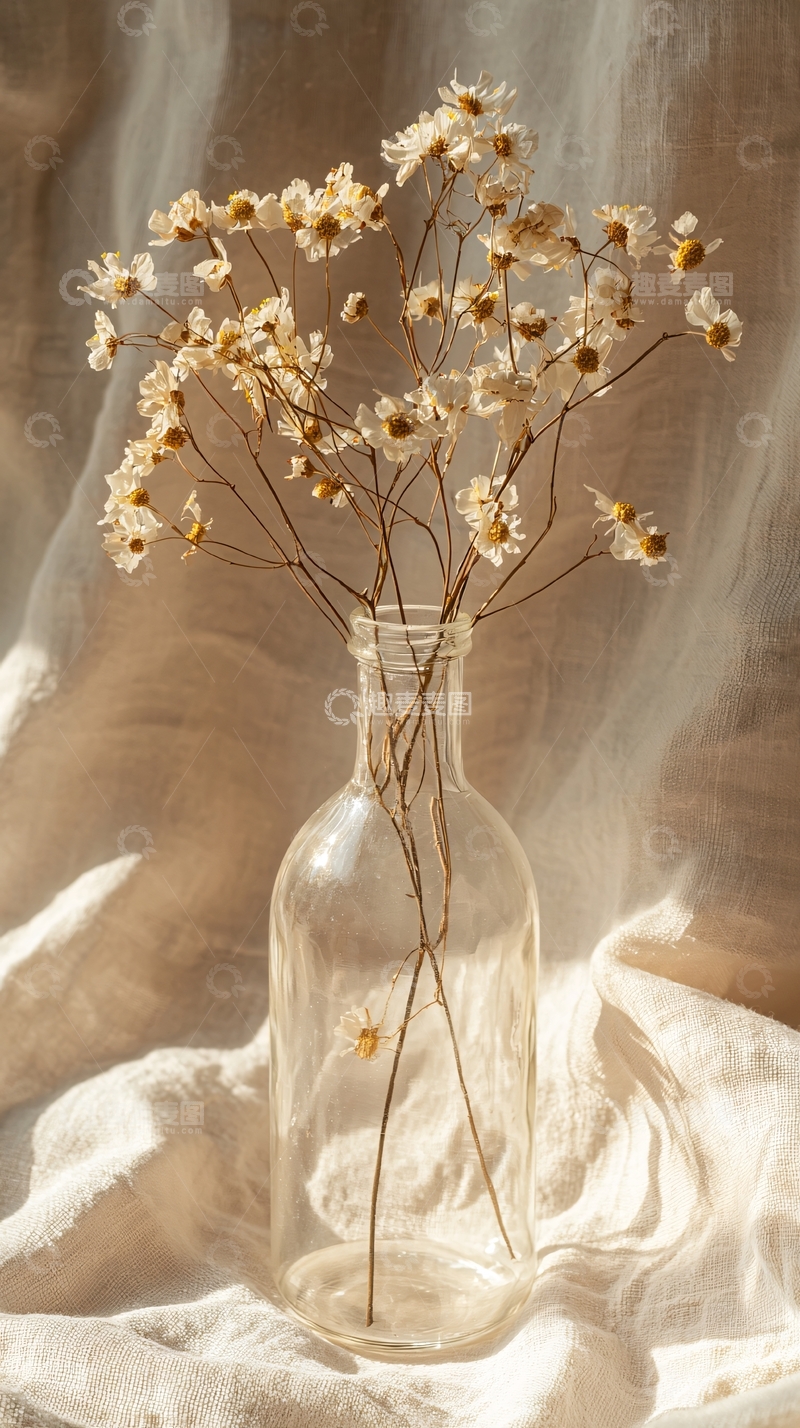 高清大图下载【趣麦麦图】米色花朵在透明花瓶